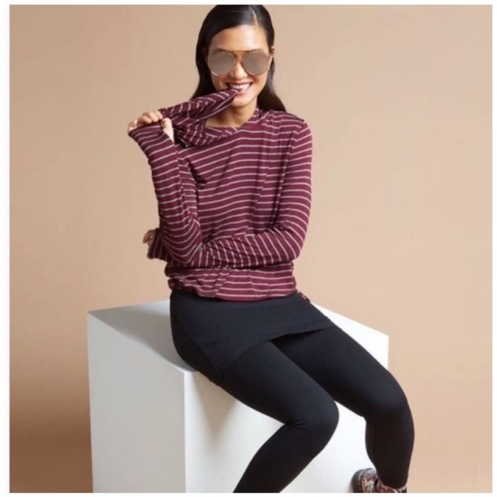 CAbi 3499 Time‎ Off Hoodie Top Striped Maroon Gray Long Sleeve Side Tie  S